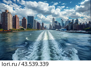 Пейзажная фотография на пролив Ист-Ривер в Нью-Йорке, США. Вид с теплохода. Стоковое AI-изображение, AI-художник Максим Коломыченко / Фотобанк Лори