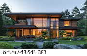 Modern House With Abundant Windows. Стоковое AI-изображение, AI-художник Юлия Гапеенко / Фотобанк Лори