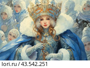 Fantasy style illustration depicting the Snow Queen in a luxurious costume with an elaborate crown and fur collar. The Queen wears a blue dress with rich jewelry and white gloves. She is surrounded by a retinue of women dressed in winter outfits in soft blues and whites. The illustration conveys the atmosphere of a winter fairy tale, grandeur and magic. Стоковое AI-изображение, AI-художник Анна Кривицкая / Фотобанк Лори