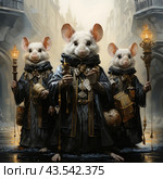 Three mice dressed in black monastic robes with gold jewelry. Each mouse holds different objects in its paws: one is a golden cup, another is a book and a scroll, the third is a torch. The mice look like priests or monks performing some kind of ritual. They stand against the backdrop of a medieval city, illuminated by soft light. Their facial expressions are serious and concentrated, creating an atmosphere of mystery and importance of what is happening. Стоковое AI-изображение, AI-художник Анна Кривицкая / Фотобанк Лори