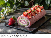 Swiss sponge roll with strawberries, a delicious fruit and cream dessert filled with cream cheese, decorated with fresh strawberries. Стоковое AI-изображение, AI-художник Photojuli / Фотобанк Лори
