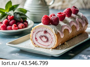 Swiss sponge roll with raspberries, a delicious fruit and cream dessert filled with cream cheese, decorated with fresh raspberries. Стоковое AI-изображение, AI-художник Photojuli / Фотобанк Лори