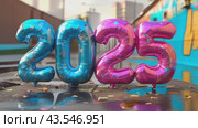 New Year 2025 celebration. Pink and blue foil balloons in shape of numbers 2025 on urban roof background. Creative holiday template footage for Party, greeting card, flyer, advertising, banner. Стоковое AI-видео, аниматор Ирина Михайличенко / Фотобанк Лори