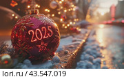 Christmas greeting card with red Christmas tree ball and text 2025, garland lights and Christmas tree on festive background. Slow motion footage. Happy New Year holidays. Стоковое AI-видео, аниматор Ирина Михайличенко / Фотобанк Лори