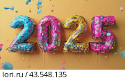 Happy new year holiday background with numbers 2025. 3D text saying 2025 made of color confetti, splash font, with color background, greeting card, Christmas and new year celebration, holiday. Стоковое AI-видео, аниматор Ирина Михайличенко / Фотобанк Лори