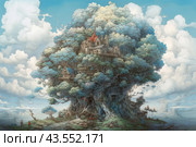 A huge tree with a dense crown, on the branches of which there are various houses and buildings. This quaint and fabulous place looks like a real settlement built among the branches. Houses of different sizes and shapes give the tree the appearance of a magical town. A path and characters are visible in the foreground, giving the picture even more charm and life. The blue sky with white clouds creates an atmosphere of dreams and fairy tales. Стоковое AI-изображение, AI-художник Анна Кривицкая / Фотобанк Лори