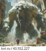 Epic scene from a fantasy world. A huge monstrous creature, similar to a giant troll or gorilla, stands among the ruined buildings of an ancient city. The creature looks intimidating, with an open mouth and a muscular body covered in fur and moss. In front of the monster are two people dressed in medieval clothes, one of whom is looking at the monster, preparing for battle. Debris scatters around the stage, creating an atmosphere of chaos and destruction. A bright day emphasizes the grandeur and drama of what is happening. Стоковое AI-изображение, AI-художник Анна Кривицкая / Фотобанк Лори