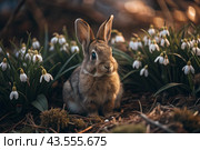 A cute grey rabbit sitting among the spring snowdrops. Animal hunting. Стоковое AI-изображение, AI-художник Photojuli / Фотобанк Лори