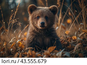 A cute little bear cub sitting among the autumn yellow foliage. Animal hunting. Poaching. Стоковое AI-изображение, AI-художник Photojuli / Фотобанк Лори