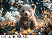 A cute little bear cub sitting among the autumn yellow foliage. Animal hunting. Poaching. Стоковое AI-изображение, AI-художник Photojuli / Фотобанк Лори