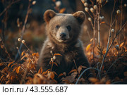 A cute little bear cub sitting among the autumn yellow foliage. Animal hunting. Poaching. Стоковое AI-изображение, AI-художник Photojuli / Фотобанк Лори