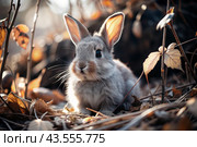 A cute gray bunny sitting among the autumn foliage. Animal hunting. Стоковое AI-изображение, AI-художник Photojuli / Фотобанк Лори