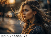 A beautiful, young woman with a thoughtful look. The hair develops in the wind and gives a feeling of lightness and naturalness. Стоковое AI-изображение, AI-художник Photojuli / Фотобанк Лори