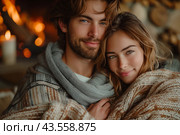 Couple Cuddling By Cozy Fireplace. Стоковое AI-изображение, AI-художник Сергей Толмачёв / Фотобанк Лори