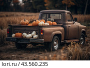 Autumn, autumn design. A large harvest of pumpkins on the back seat of a retro pickup truck, close-up. Стоковое AI-изображение, AI-художник Photojuli / Фотобанк Лори