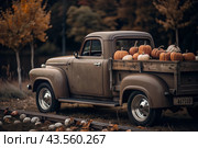 Autumn, autumn design. A large harvest of pumpkins on the back seat of a retro pickup truck, close-up. Стоковое AI-изображение, AI-художник Photojuli / Фотобанк Лори