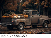 Autumn, autumn design. A large harvest of pumpkins on the back seat of a retro pickup truck, close-up. Стоковое AI-изображение, AI-художник Photojuli / Фотобанк Лори
