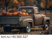 Autumn, autumn design. A large harvest of pumpkins on the back seat of a retro pickup truck, close-up. Стоковое AI-изображение, AI-художник Photojuli / Фотобанк Лори