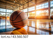 A basketball on the floor of a basketball court. The ball is in close-up. Стоковое AI-изображение, AI-художник Photojuli / Фотобанк Лори