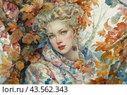Beautiful young woman with curly blond hair against a background of autumn leaves. Her gaze is directed directly at the viewer, and her facial expression is calm and thoughtful. She is wearing a scarf with a floral pattern that harmonizes with the autumn colors of the foliage around her. The woman has large blue eyes and delicate facial features. The painting was made using watercolor technique, which gives it softness and airiness. The overall atmosphere of the image is romantic and cozy, filled with autumn warmth and the beauty of nature. Стоковое AI-изображение, AI-художник Анна Кривицкая / Фотобанк Лори