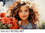 Smiling girl with curly light brown hair holding a bouquet of bright flowers. She is dressed in light clothes, and her face glows with joy and kindness. There are flowers around her, mostly in red and white shades, which give the image brightness and cheerfulness. The background of the image is slightly blurred, allowing the focus to focus on the girl and the flowers. The general atmosphere of the picture evokes feelings of warmth, summer and carefree childhood. Стоковое AI-изображение, AI-художник Анна Кривицкая / Фотобанк Лори