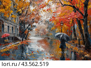 Autumn city landscape, made in the style of painting. In the foreground, a man with a black umbrella walks along a wet sidewalk along an alley covered with fallen leaves. In the background are buildings and trees with colorful autumn leaves, mostly orange and red. Rain creates an atmosphere of comfort and melancholy. Water on the ground reflects trees and street lights, creating picturesque reflections. Стоковое AI-изображение, AI-художник Анна Кривицкая / Фотобанк Лори