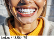 A beautiful, charming, snow-white female smile. A woman's teeth before and after whitening. The concept of dental clinics. Стоковое AI-изображение, AI-художник Photojuli / Фотобанк Лори