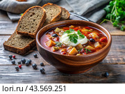 Combined meat hodgepodge with black bread and herbs in a ceramic tureen plate close-up. Стоковое AI-изображение, AI-художник Photojuli / Фотобанк Лори