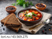 Combined meat hodgepodge with black bread and herbs in a ceramic tureen plate close-up. Стоковое AI-изображение, AI-художник Photojuli / Фотобанк Лори
