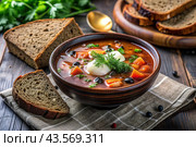 Combined meat hodgepodge with black bread and herbs in a ceramic tureen plate close-up. Стоковое AI-изображение, AI-художник Photojuli / Фотобанк Лори