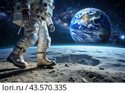 Happy Cosmonautics Day. Astronauts in a spacesuit on the moon in outer space. Spectacular view of the planet Earth. Стоковое AI-изображение, AI-художник Photojuli / Фотобанк Лори