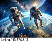 Happy Cosmonautics Day. Astronauts in a spacesuit in outer space. Spectacular view of the planet Earth. Стоковое AI-изображение, AI-художник Photojuli / Фотобанк Лори