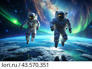 Happy Cosmonautics Day. Astronauts in a spacesuit in outer space. Spectacular view of planet Earth and the northern Lights. Стоковое AI-изображение, AI-художник Photojuli / Фотобанк Лори