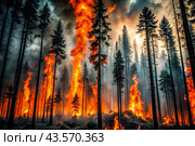 Danger. A forest fire. Bright flames. Take care of nature. Don't make bonfires in the woods. Стоковое AI-изображение, AI-художник Photojuli / Фотобанк Лори