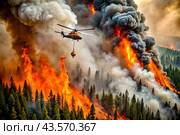 Danger. Forest fire. View from the plane. Bright flames. Take care of nature. Don't make bonfires in the woods. Стоковое AI-изображение, AI-художник Photojuli / Фотобанк Лори