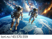 Happy Cosmonautics Day. Astronauts in a spacesuit in outer space. Spectacular view of the planet Earth. Стоковое AI-изображение, AI-художник Photojuli / Фотобанк Лори