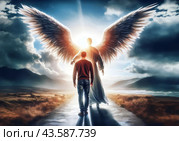Ангел с белыми крыльями ведет за собой человека по дороге ведущей к горизонту. Стоковое AI-изображение, AI-художник Ольга Пахомова / Фотобанк Лори