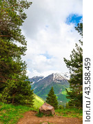Beautiful view of the mountain nature against the background of the snowy peak of the Elbrus region in sunny weather. The highlanders of the North Caucasus. Russia. Стоковое фото, фотограф Константин Лабунский / Фотобанк Лори