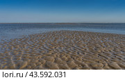 The low tide in the ocean. On the exposed bottom there is a pattern of sandy curved ridges and puddles of water. Tiny silhouettes of people on the horizon. Clear blue sky. Copy space. Madagascar. Стоковое фото, фотограф Вера Ивановна Кубарева / Фотобанк Лори