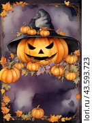 Autumn poster made of pumpkins, hats and Halloween attributes with copy space. Стоковое AI-изображение, AI-художник Мария Мороз / Фотобанк Лори