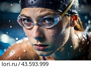 Sports swimming. Women's swim. An athlete wearing swimming glasses in a swimming pool at a close-up competition. The woman looks directly into the camera. Стоковое AI-изображение, AI-художник Photojuli / Фотобанк Лори