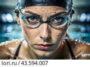 Sports swimming. Women's swim. An athlete wearing swimming glasses in a swimming pool at a close-up competition. The woman looks directly into the camera. Стоковое AI-изображение, AI-художник Photojuli / Фотобанк Лори