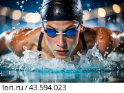 Sports swimming. Women's swim. An athlete wearing swimming glasses in a swimming pool at a close-up competition. The woman looks directly into the camera. Стоковое AI-изображение, AI-художник Photojuli / Фотобанк Лори