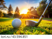 The banner. A white ball and a metal golf club are lying on the lawn in the hands of a man against the sunset background. An advertisement for a golf game at a country club. Free space for text. Стоковое AI-изображение, AI-художник Photojuli / Фотобанк Лори