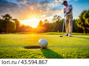 The banner. A white ball and a metal golf club are lying on the lawn in the hands of a man against the sunset background. An advertisement for a golf game at a country club. Free space for text. Стоковое AI-изображение, AI-художник Photojuli / Фотобанк Лори