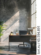 Modern office desk with large window and natural light. Generative AI. Стоковое AI-изображение, AI-художник Александра Селина / Фотобанк Лори