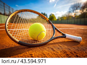 There is a yellow tennis ball and a tennis racket on the dirt court. A summer sport. Great tennis. Стоковое AI-изображение, AI-художник Photojuli / Фотобанк Лори