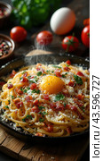 Top View of Classic Italian Carbonara Pasta with Bacon, Cheese, and Egg Yolks, Perfect for High-End Culinary Magazines. with steam, copy space. Italian Cuisine concept. vertical footage. Стоковое AI-изображение, AI-художник Ирина Михайличенко / Фотобанк Лори
