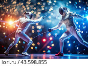 Fencers in the arena with rapiers in their hands during training are fighting a duel. Sports fencing. Fencing is a type of Summer Olympic Games. Стоковое AI-изображение, AI-художник Photojuli / Фотобанк Лори