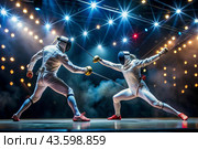 Fencers in the arena with rapiers in their hands during training are fighting a duel. Sports fencing. Fencing is a type of Summer Olympic Games. Стоковое AI-изображение, AI-художник Photojuli / Фотобанк Лори